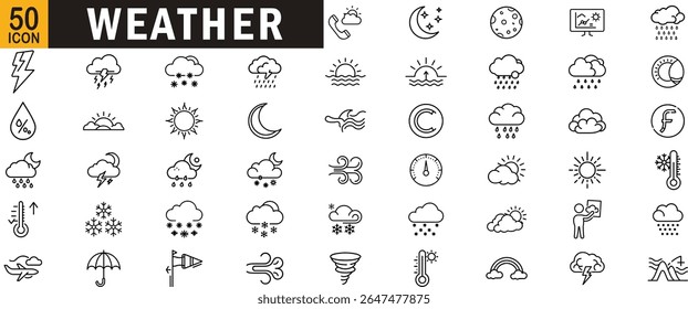 Weather editable outline icon set. Storm, rain, sun, forecast, cloud, wind, snow, and climate symbols.

