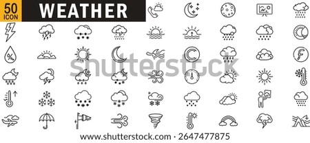 Weather editable outline icon set. Storm, rain, sun, forecast, cloud, wind, snow, and climate symbols.
