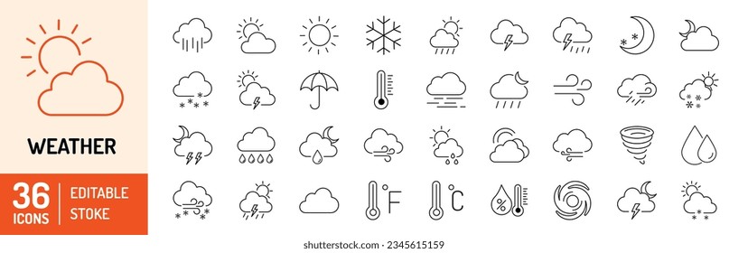 Weather editable stroke outline icons set. Clouds, wind, rain, sun, weather forecast, snow, moon, snowflakes and storm. Vector illustration