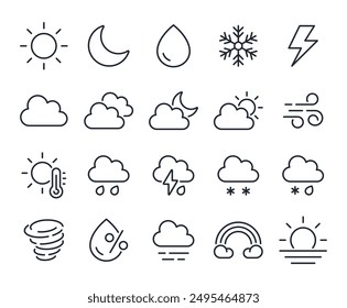 Weather editable stroke outline icons set isolated on white background flat vector illustration. Pixel perfect. 64 x 64