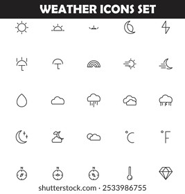 Weather editable stroke outline icons set isolated on white background flat vector illustration