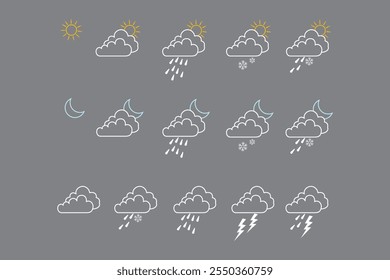 Weather editable stroke outline icons set isolated, Isolated set of weather icons. Illustration for apps or websites