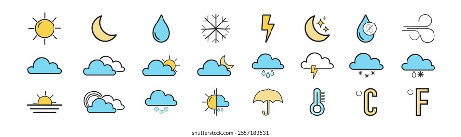 Weather editable stroke outline icons set. Weather forecast icons set, meteorology forecast day. Contains such icons as Wind, Blizzard, Sun, Rain and more.