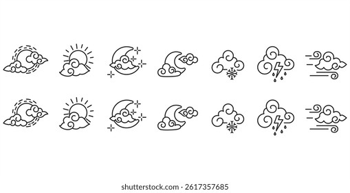 Weather editable stroke outline icons set isolated on transparent background line vector illustration. Weather icons, moon, sun, stars, clouds, wind and storm. Stock vector. Eps 10. Icon set