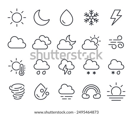 Weather editable stroke outline icons set isolated on white background flat vector illustration. Pixel perfect. 64 x 64