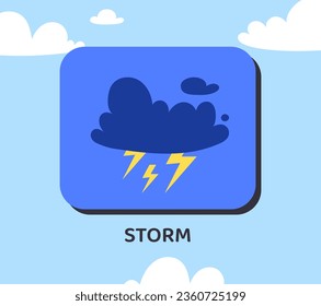 Weather effect storm concept. Design element for mobile forecasting application. Cloud with lightnings, autumn and fall season. Cartoon flat vector illustration isolated on sky background