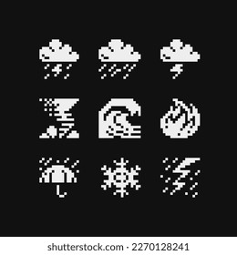 Weather element symbols web icons pixel art set. Contains such icon as rain, clouds, drizzle, wind, snow, night, thunderstorm and fire. Design for mobile app, sticker, logo. Isolated vector. 1-bit.