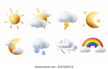 Weather elements. Meteorology icons. Sun moon and stars, rainbow and fluffy clouds. Nature objects, cartoon 3d style vector illustration. Night morning vector set