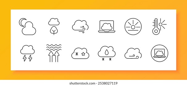 Ícone de conjunto de elementos meteorológicos. Nuvem lunar, árvore, nuvem, laptop com previsão, sol, termômetro, chuva, tempestade de trovoadas, setas, neve, umidade, vento. Previsões meteorológicas