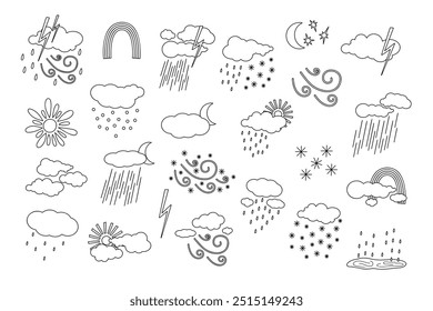 Elementos de tempo definir sol, vento, chuva, nevoeiro, nuvens mão bonito desenhado rabiscar ilustração vetor contorno minimalista, símbolo simples para descrever o tempo, ambiente, clima, previsão do tempo imagem