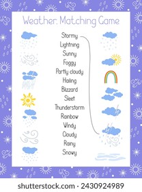 Weather elements, signs and words matching game vector illustration, kids activities printable worksheet, educational or leisure activity puzzle printable worksheet, teachers' resources