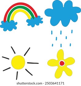 Weather elements vector illustrations, weather clipart, sky object vector icon, isolated sky objects, white cloud, stormy cloud, rainy cloud, rainbow, sun, rain, hot sun, summer weather illustration