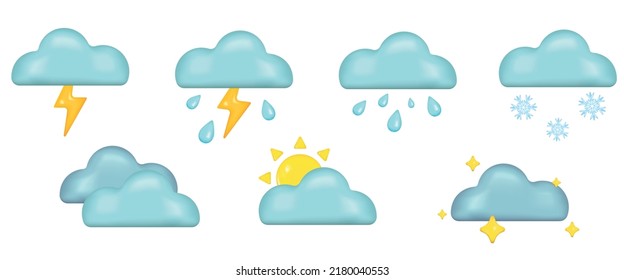 Juego de iconos de emoji meteorológicos. Trueno, ventisca, lluvia, nublados, soleados símbolos climáticos. Ilustraciones vectoriales