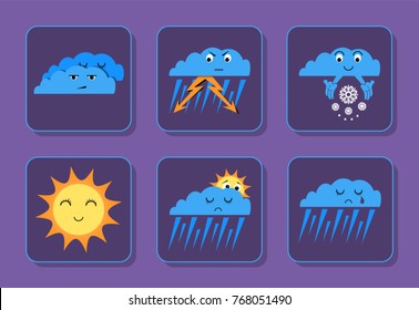Weather emoji icons set - sunny, overcast, rain, thunderstorm and snowing sad and happy icons