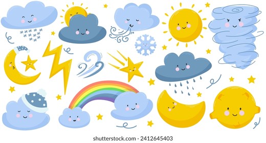 Weather emoticon flat icon set. Cartoon rainbow, rain and snow clouds, sun, moon, star, lightening, wind isolated vector illustration. Meteorology and sky concept