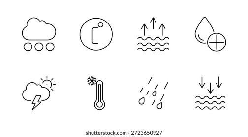 Icono de conjunto de Clima y entorno. Nube con círculos, gotita, humedad, nube de tormenta, nube soleada, termómetro, lluvia, flechas de nivel de agua