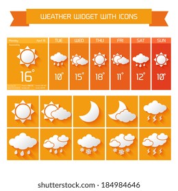Weather extended forecast computer and mobile vertical widgets with icons business collection in orange isolated vector illustration