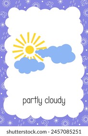 Weather flash card Partly Cloudy topical vocabulary learning printable, educational English kids worksheet, nursery, kindergarten, pre-school, leisure activity, teacher resources vector illustration