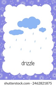 Weather flash card Rain Drizzle topical vocabulary learning printable, educational English kids worksheet, nursery, kindergarten, pre-school, leisure activity, teacher resources vector illustration