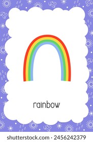 Weather flash card Rainbow topical vocabulary learning printable, educational English worksheet for kids, nursery, kindergarten, pre-school, leisure activity, teacher resources vector illustration