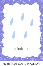 Weather flash card Raindrops topical vocabulary learning printable, educational English kids worksheet, nursery, kindergarten, pre-school, leisure activity, teacher resources vector illustration