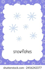Weather flash card Snowflakes topical vocabulary learning printable, educational English worksheet for kids, nursery, kindergarten, pre-school, leisure activity, teacher resources vector illustration