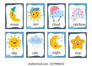 Tarjetas flash del tiempo. Colección de tarjetas impresas con un bonito sol, luna, arcoíris coloridos, nube divertida y estrella feliz para niños de edad preescolar y jardines de infancia ilustración vectorial plana.