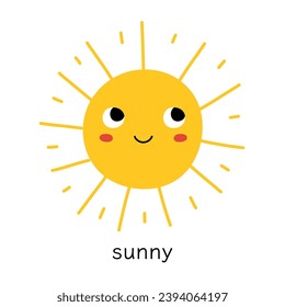 Weather flashcard for kids with cute sun. Sunny weather clipart in cartoon style. Great for school and preschool. Vector illustration