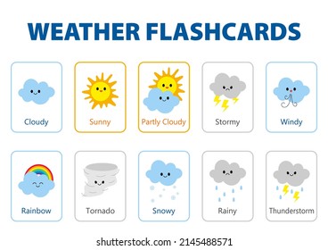 weather flashcards for kids, learn the weather with cute characters