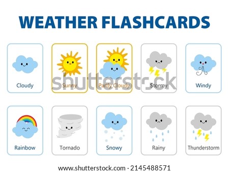 weather flashcards for kids, learn the weather with cute characters