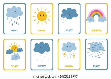 Weather flashcards for kids. Learn weather. Set of cards with weather elements. Cute cartoon sun and clouds.