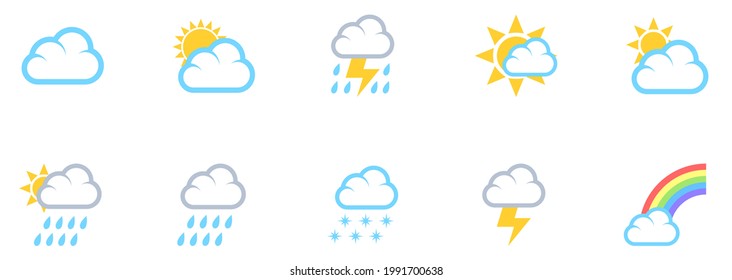 weather . flat cloud icon set : thundering , lightning, raining , sunny day, rainbow clouds  . flat simple climate vector illustration icon set .