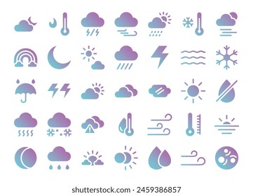 Weather flat gradient icons set. The collection includes in business, UI UX, social media and website.