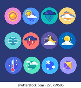 Weather flat icon set. Weather forecast for selection of species every day, at any time of year