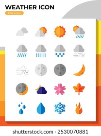 Conjunto de ícone plano de tempo. Ícone de verão, outono, chuvoso, inverno. Ilustrações de ícones planos de vetor isoladas no fundo branco transparente