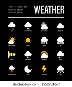 Weather flat icons for black theme: rain, overcast, partly cloudy, fog, snow, thunderstorm, hail, sleet, rainbow. Vector illustration for mobile app or widget.