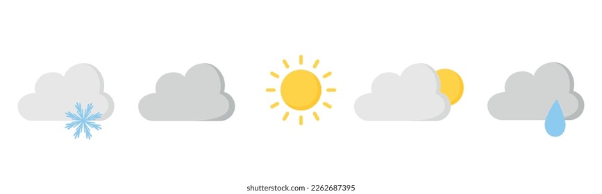 Weather flat icons. Colored. Snow, cloudy, sunny, rainy. Isolated objects on a white backdrop. Vector texture. Simple. Flat. Stickers 