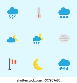 Weather Flat Icons Set. Collection Of Rain, Moon, Banner And Other Elements. Also Includes Symbols Such As Crescent, Hail, Sun.