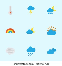 Weather Flat Icons Set. Collection Of Frosty, The Flash, Sunny And Other Elements. Also Includes Symbols Such As Crescent, Rain, Rainbow.