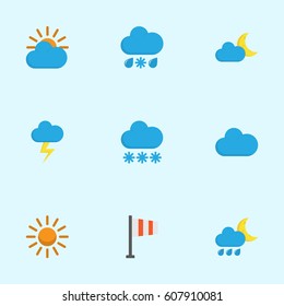 Weather Flat Icons Set. Collection Of Banner, Crescent, Sunny And Other Elements. Also Includes Symbols Such As Cloud, Lightning, Hailstones.