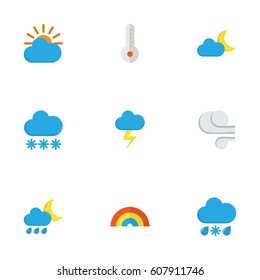 Weather Flat Icons Set. Collection Of Sunny, The Flash, Snow And Other Elements. Also Includes Symbols Such As Cloud, Winter, Storm.