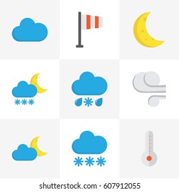 Weather Flat Icons Set. Collection Of Snow, Crescent, Drizzles And Other Elements. Also Includes Symbols Such As Frosty, Flag, Hot.