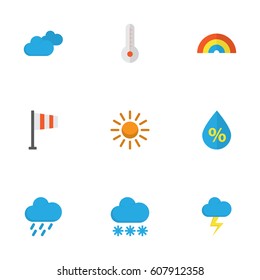 Weather Flat Icons Set. Collection Of Snow, Overcast, Drop And Other Elements. Also Includes Symbols Such As Cloud, Flash, Hail.