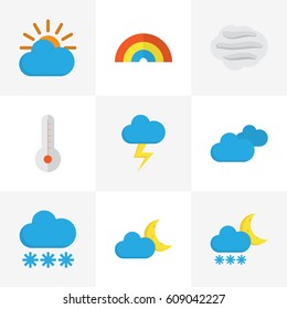 Weather Flat Icons Set. Collection Of Temperature, Windy, Snow And Other Elements. Also Includes Symbols Such As Sun, Cloud, Rainbow.