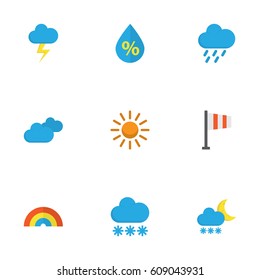 Weather Flat Icons Set. Collection Of Frosty, Sun, Bow And Other Elements. Also Includes Symbols Such As Storm, Overcast, Drip.