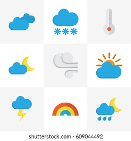 Weather Flat Icons Set. Collection Of Crescent, Overcast, Bow And Other Elements. Also Includes Symbols Such As Thermometer, Wind, Rain.