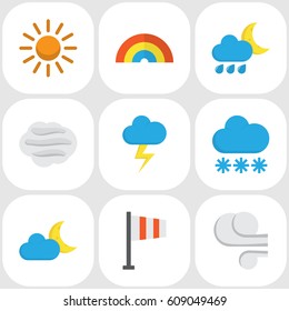 Weather Flat Icons Set. Collection Of The Flash, Hailstones, Bow And Other Elements. Also Includes Symbols Such As Storm, Hot, Lightning.