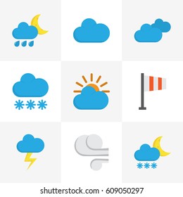 Weather Flat Icons Set. Collection Of Snow, Cloud, Storm And Other Elements. Also Includes Symbols Such As Banner, Sun, Storm.