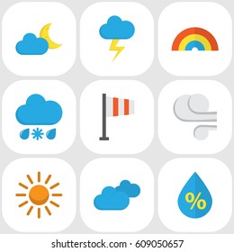 Weather Flat Icons Set. Collection Of Sun, Crescent, Banner And Other Elements. Also Includes Symbols Such As Sunny, Colors, Bow.