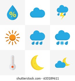 Weather Flat Icons Set. Collection Of Temperature, Cloud, Rain And Other Elements. Also Includes Symbols Such As Crescent, Moon, Flash.
